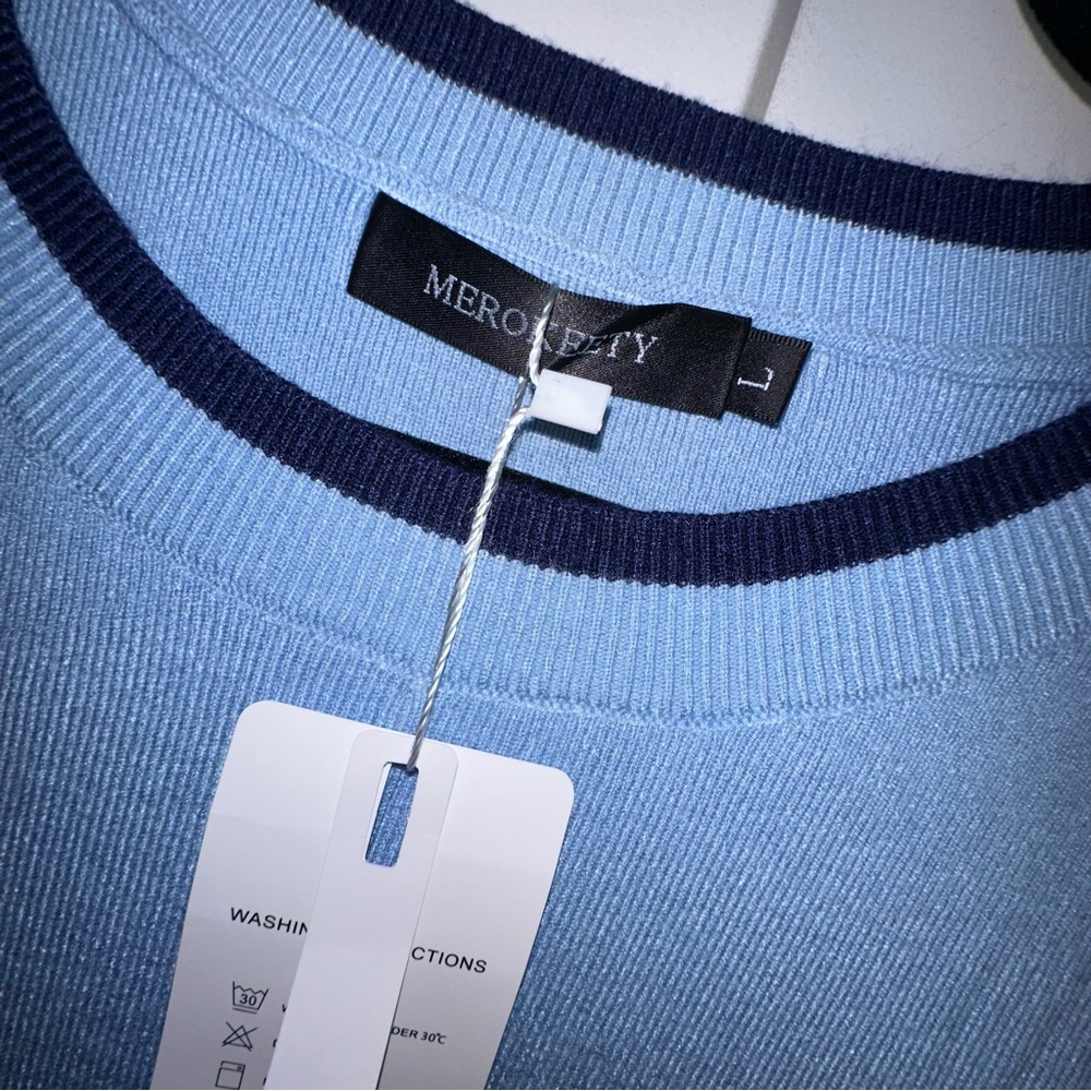 Merokeety Light Blue Sweater Dress with Navy Trim- Large nwt - Picture 3 of 9